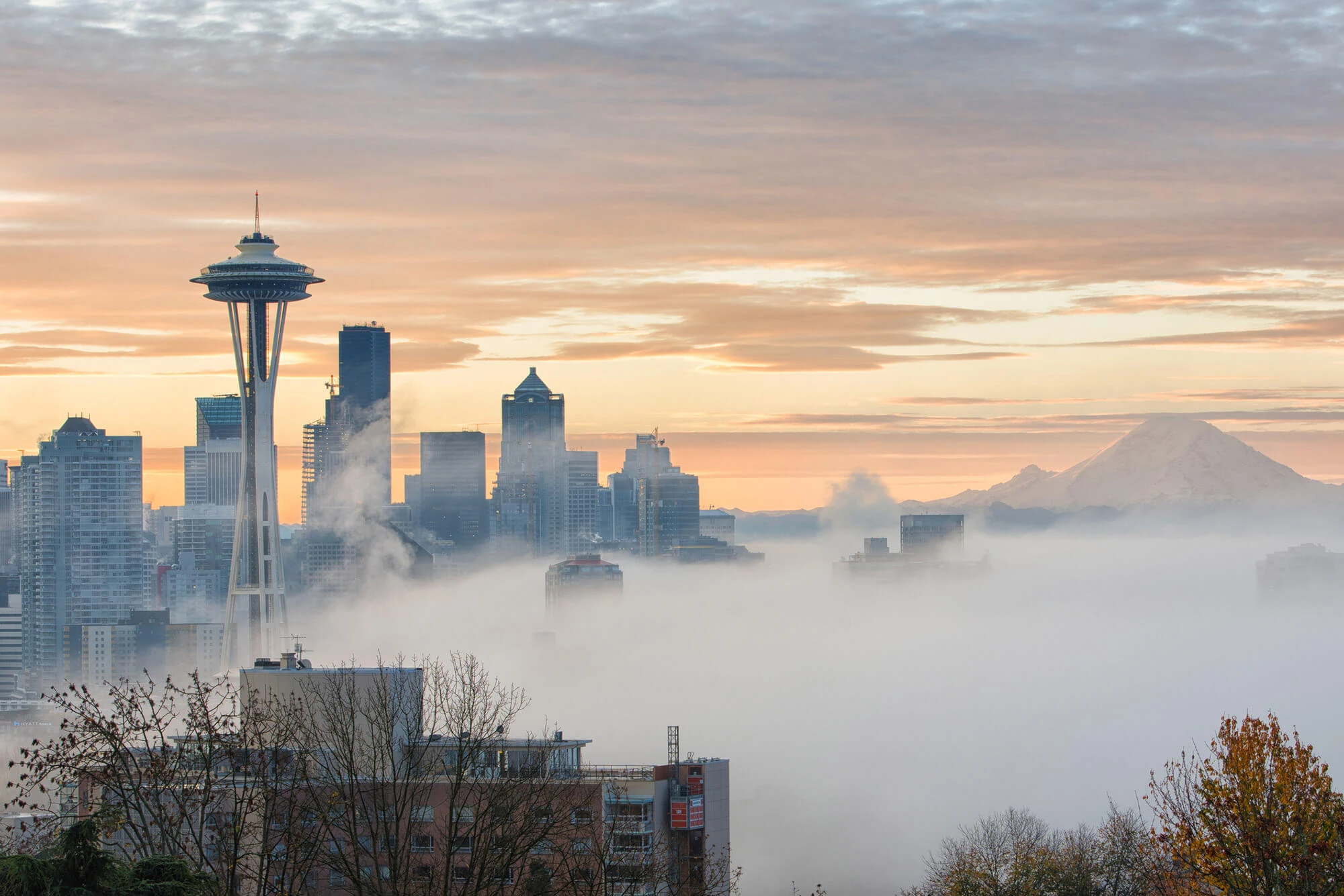 Downtown Seattle with the Space Needle and Mt. Rainier with a layer of low fog.