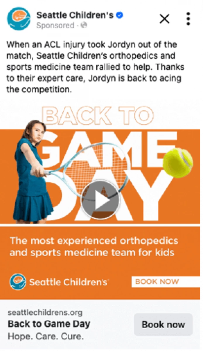 Seattle Children's social ad showing a young girl playing tennis.