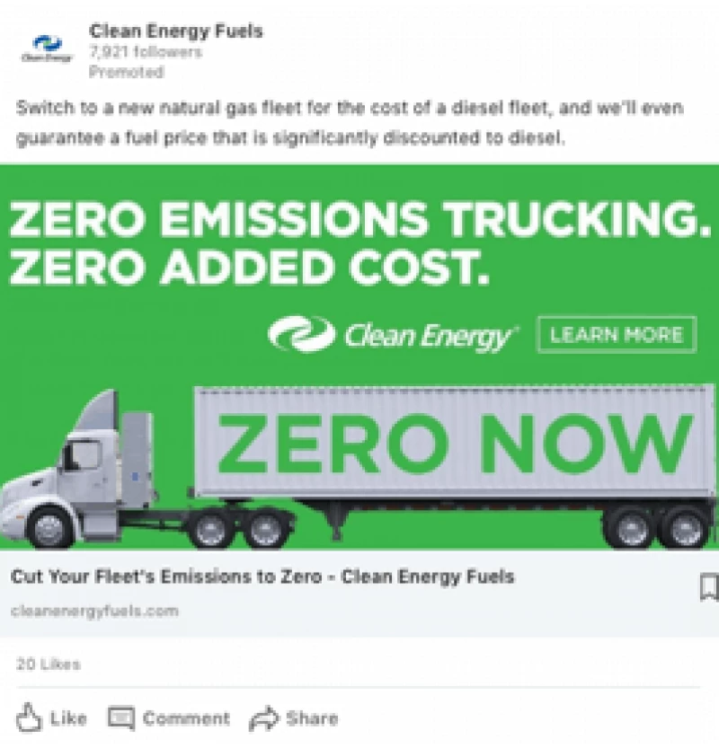 Clean Energy zero emissions trucking ad with green background and semi truck.