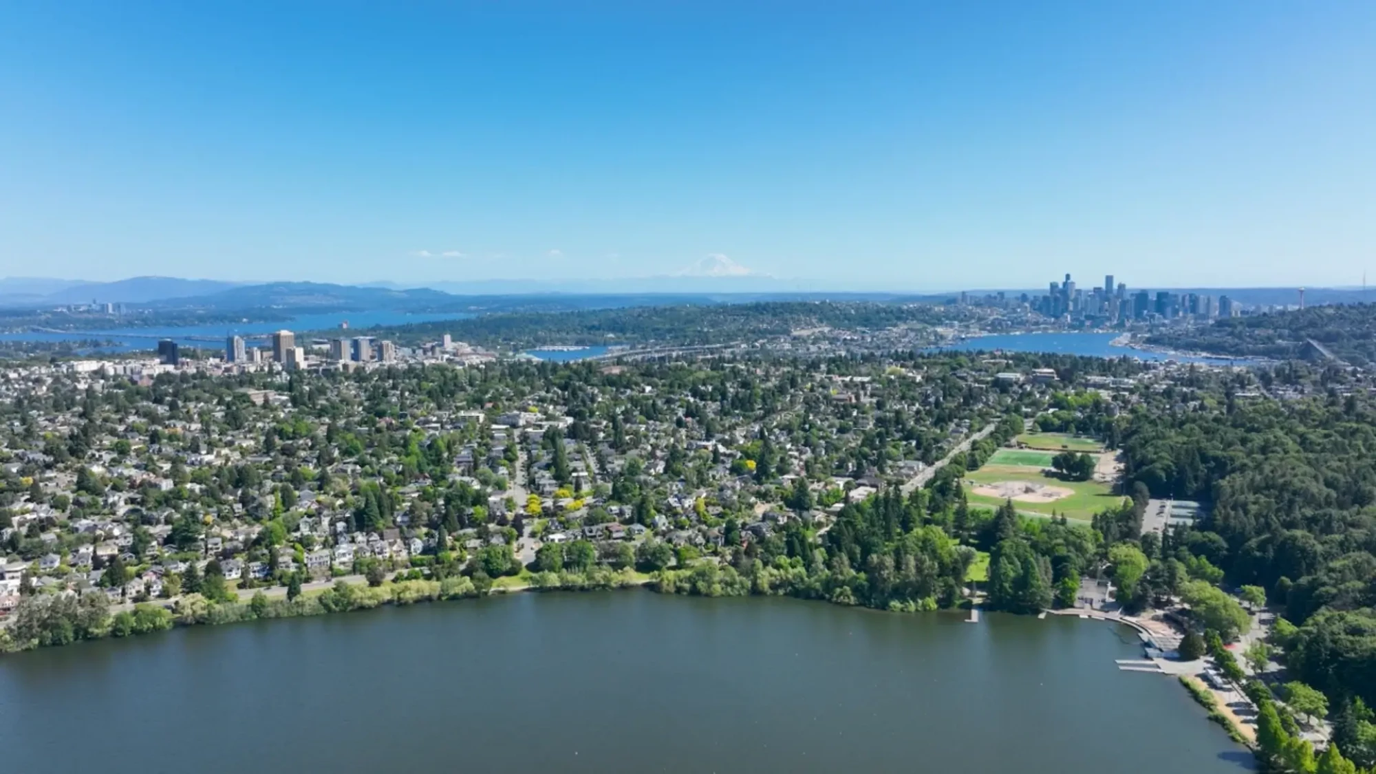 Aerial footage of Greenlake neighborhood of Seattle