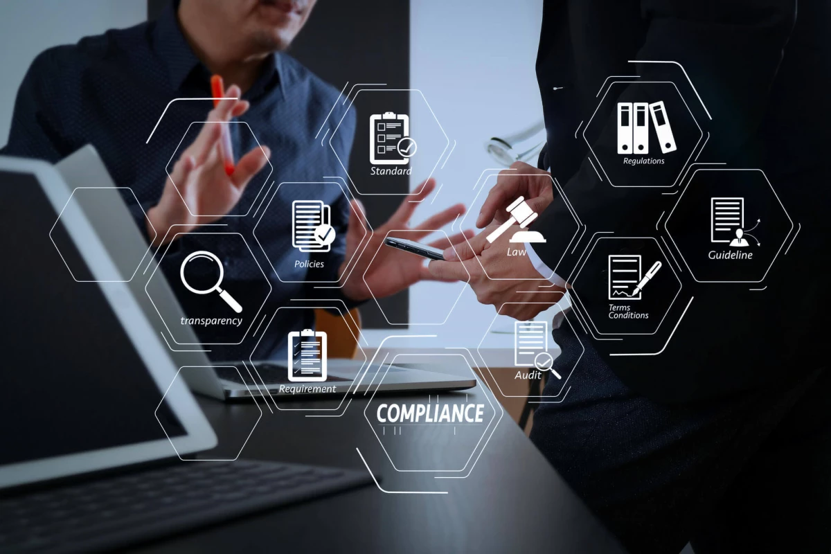 People talking with AI and compliance icons floating