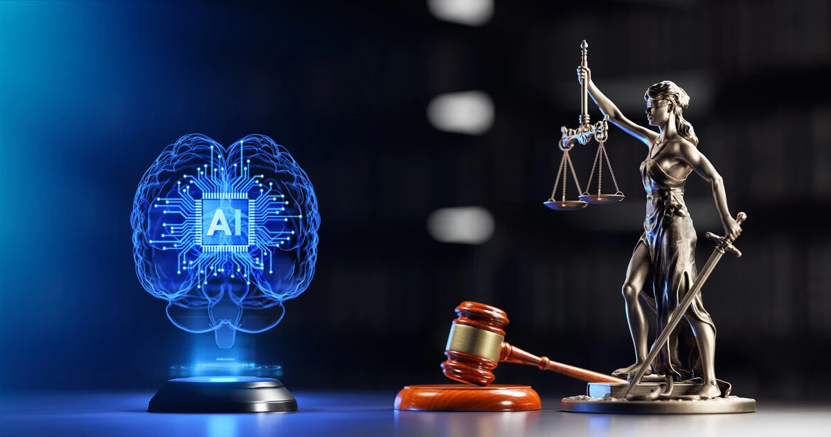 AI brain image with gavel and law statue