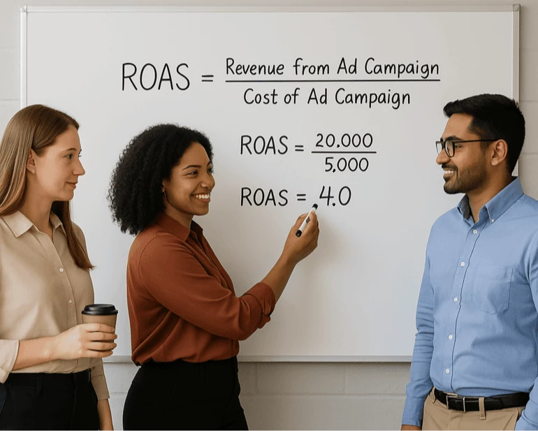 People standing in front of a white board calculating ROAS