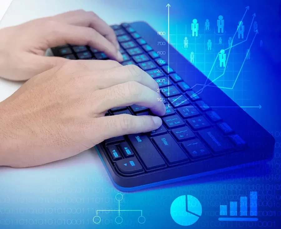 hands on a keyboard with tracking icons floating above it.