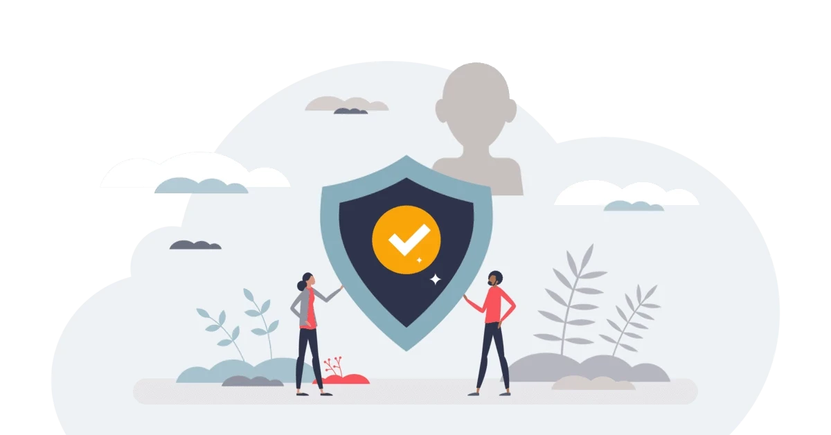 illustration of two people around a shield representing protection