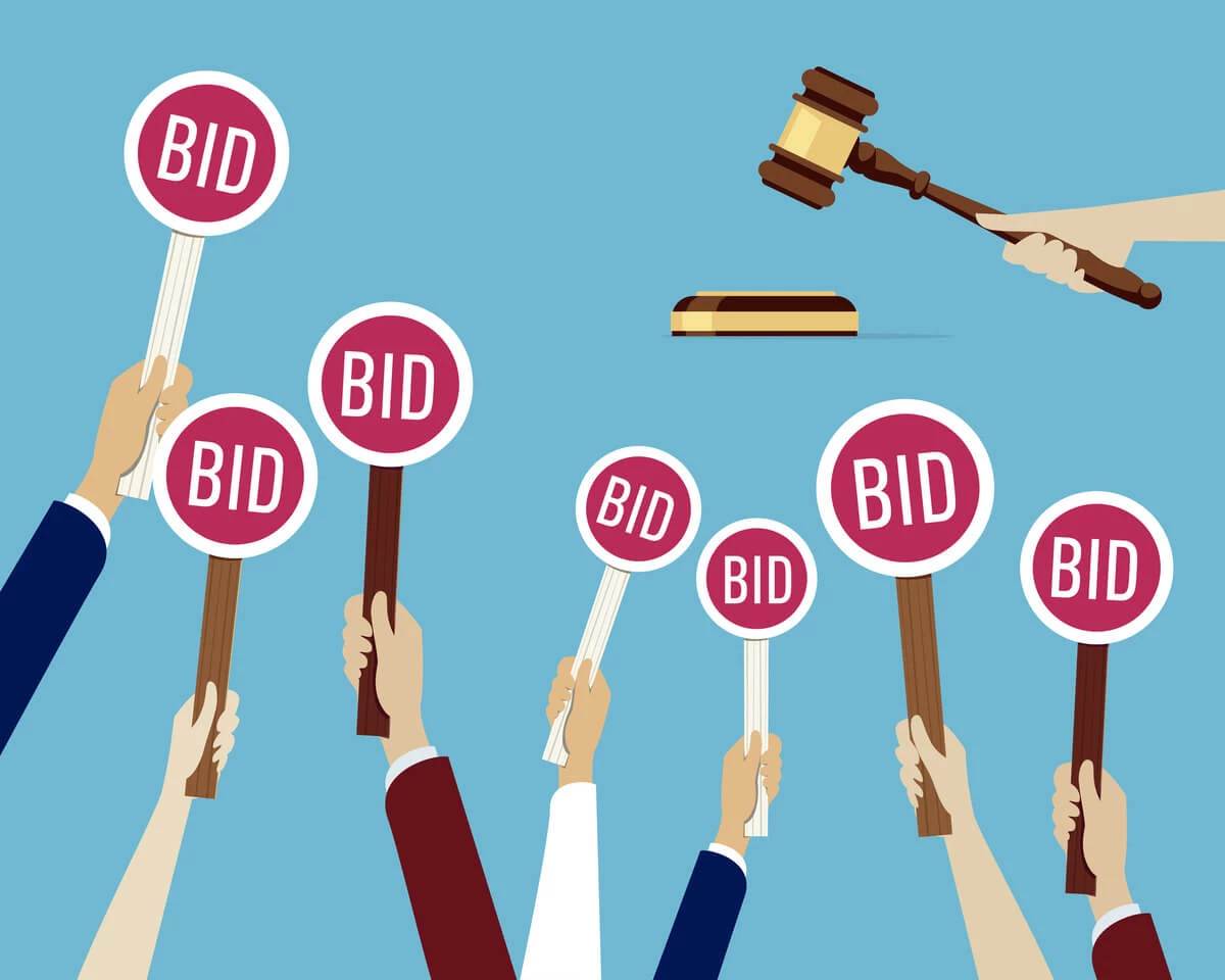 illustration of hands with Bid signs and a gavel