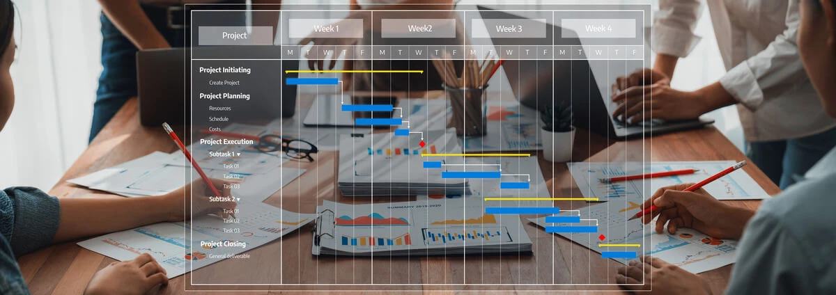 People at table with timeline overlay.