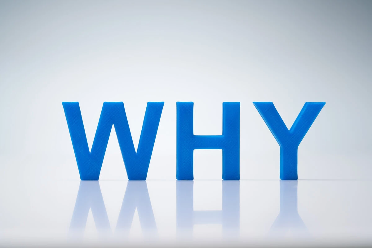 Blue word WHY hovering on white background with reflection on bottom